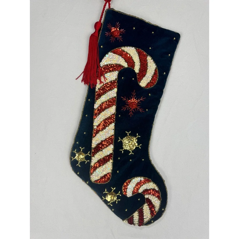 Prima Creations Velvet Christmas Stockings Navy Burgundy Sequin Candy Cane Set 2